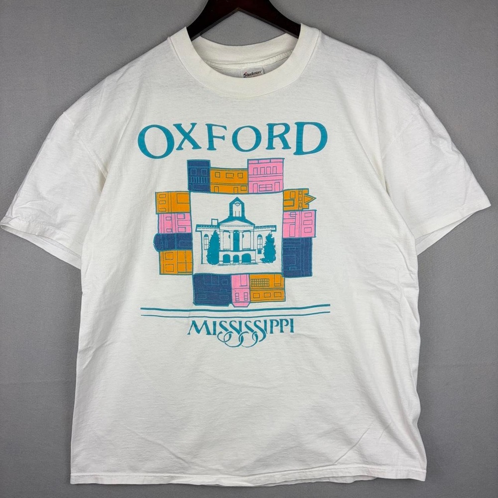 Vintage Oxford Mississippi Colorful Buildings White Tee Shirt 90s